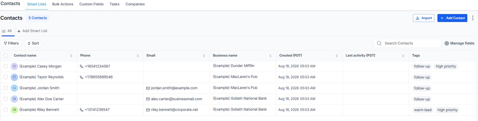 Contacts with tags, smart lists and custom fields