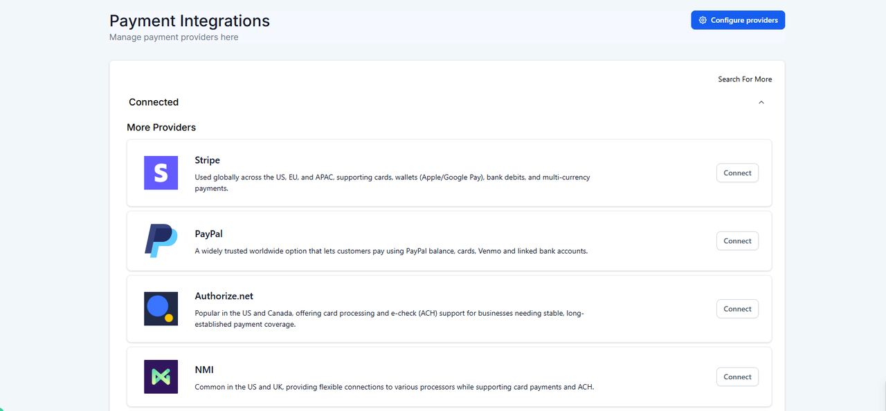 Your own Stripe, PayPal or Authorize.net account, connected directly