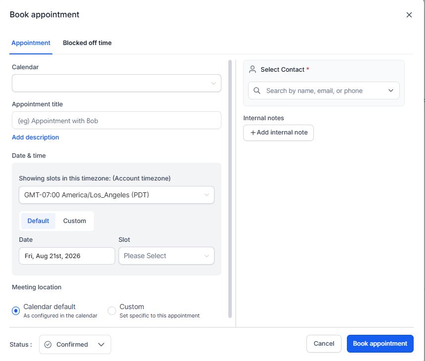 Every booking lands on the contact record, with notes and status