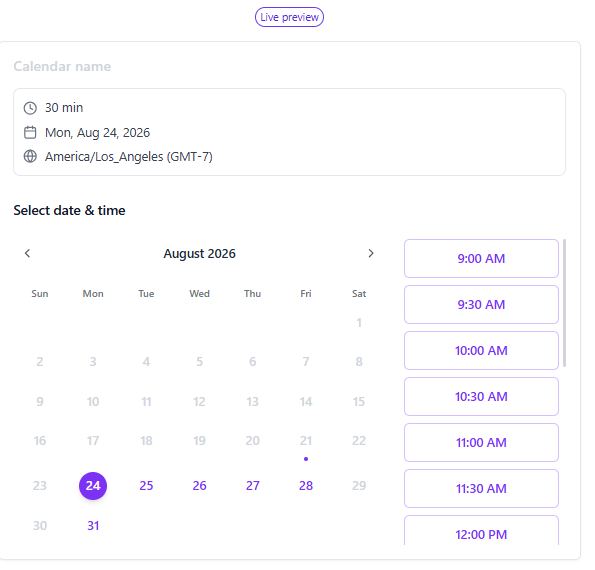 The booking page a customer sees - your slots, your timezone