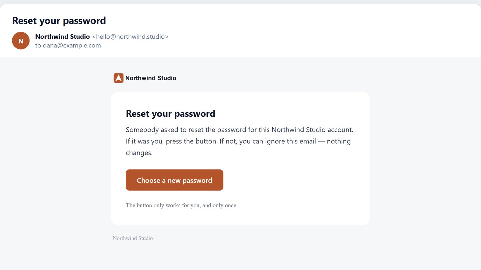 A password reset email from Northwind Studio, a demo agency brand: its logo, its colour, its sender address