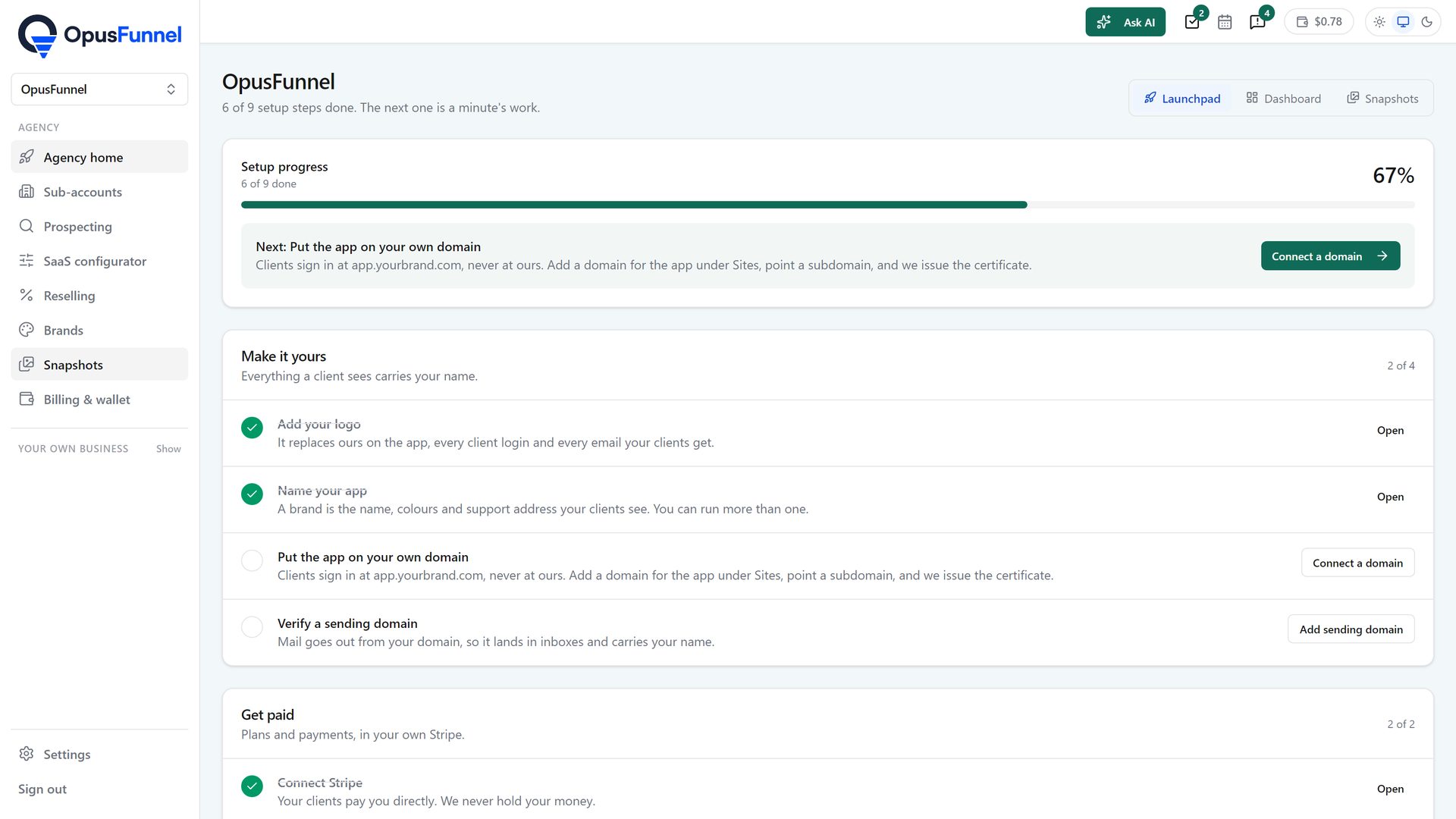 The agency launchpad: setup steps for logo, app name, domain and Stripe