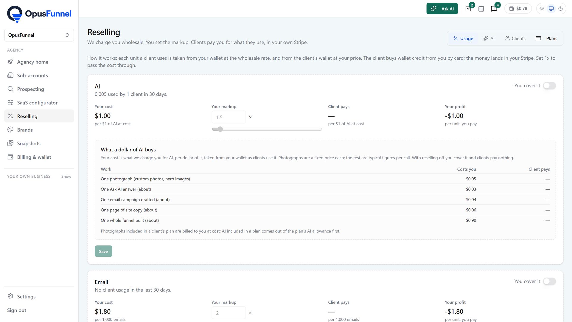 Reselling: usage marked up per service