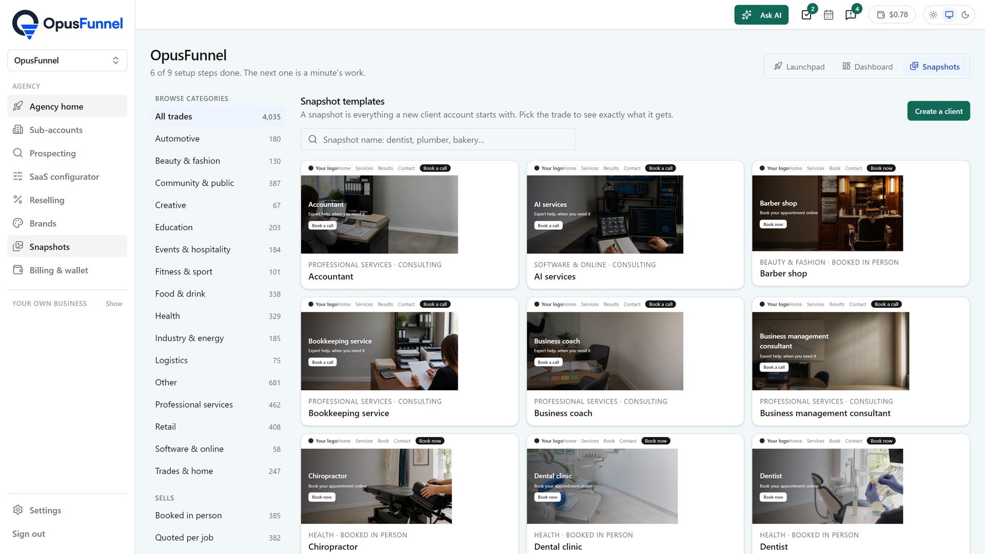 Snapshot templates by trade, what a new client account starts with