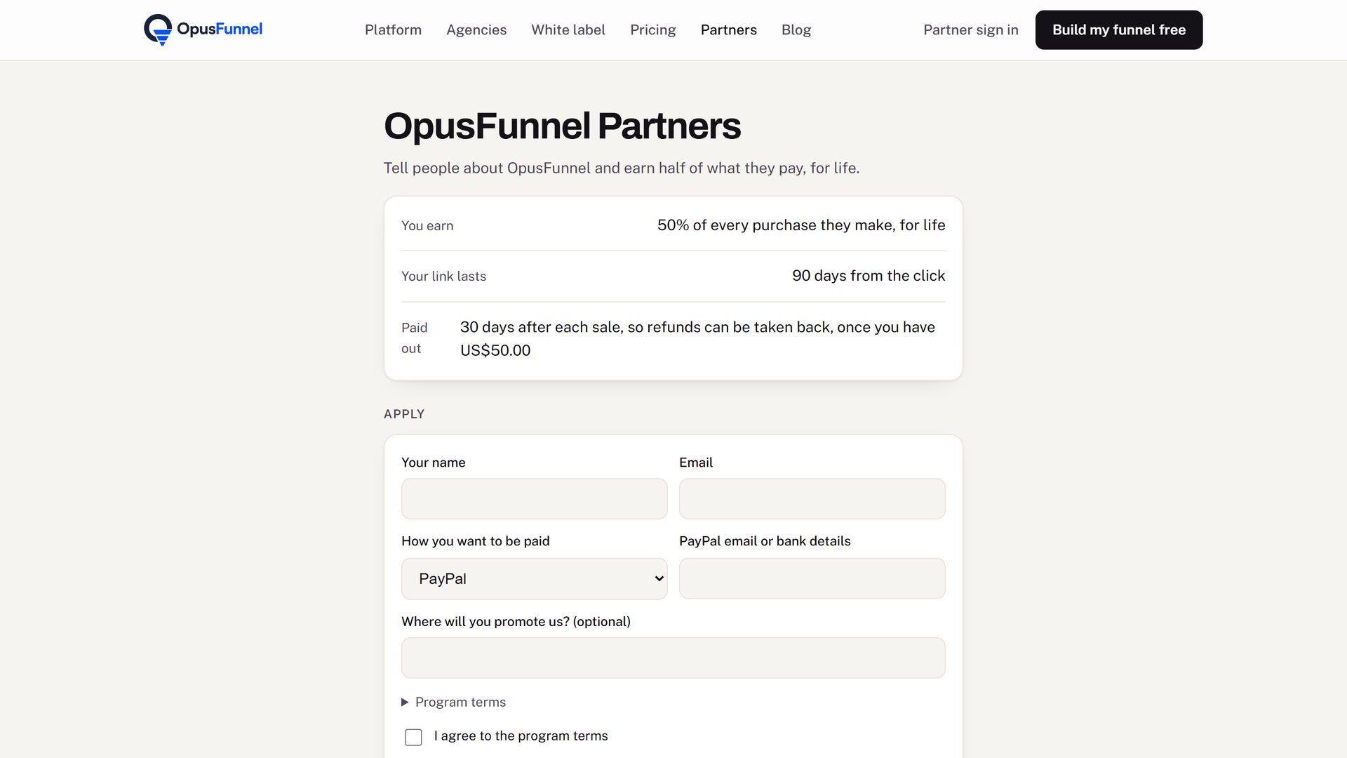 A partner page: what partners earn, how long the link lasts, and the form to apply
