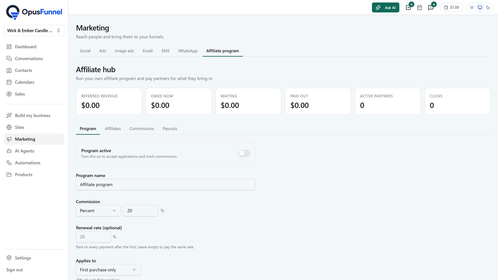Marketing › Affiliate program: referred revenue, what is owed, what is waiting, what was paid, and the program settings