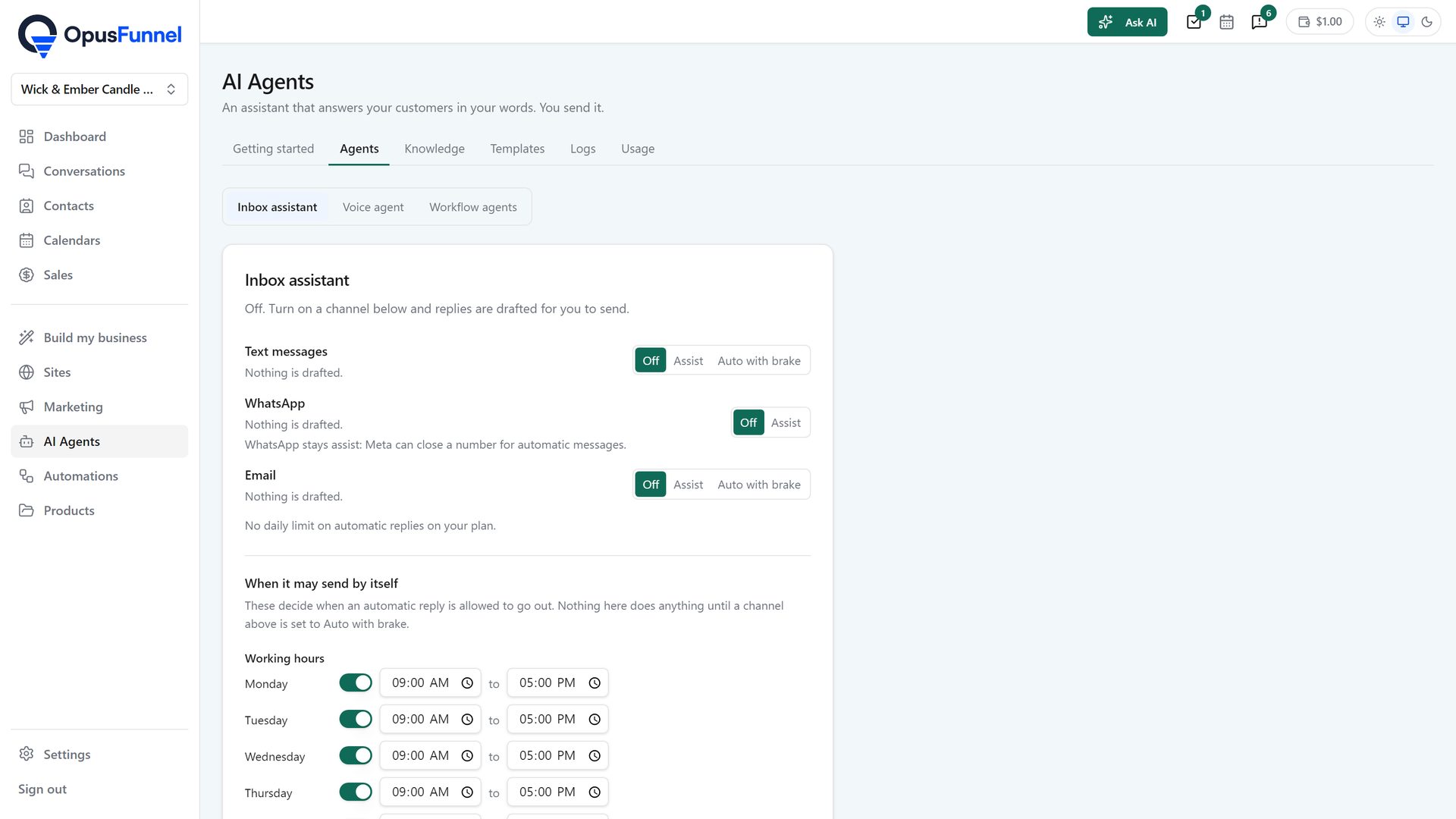 The AI Agents screen in the app, where the inbox assistant is set up
