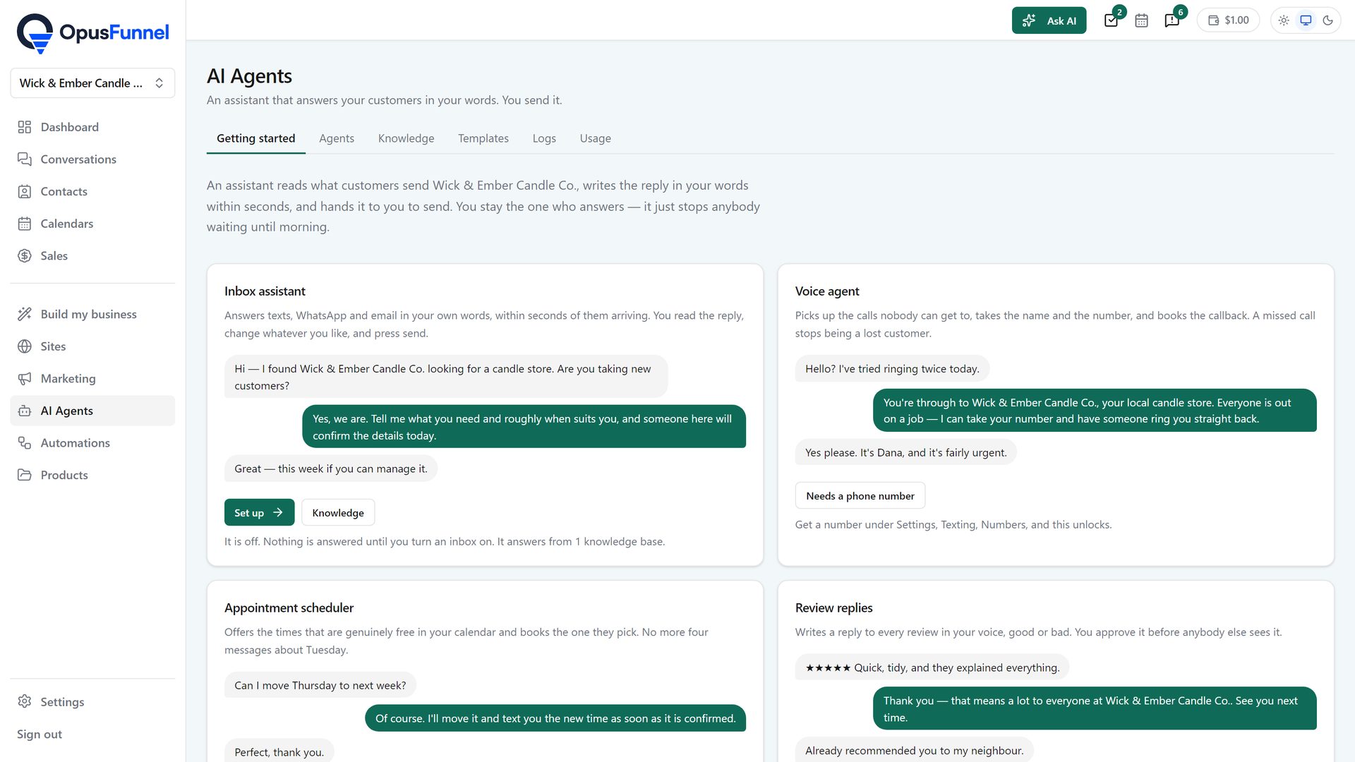 AI Agents: the inbox assistant, voice agent, appointment scheduler and review replies, each with a sample conversation