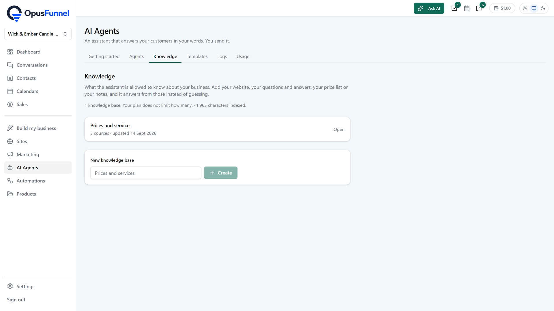 The knowledge base screen under AI Agents