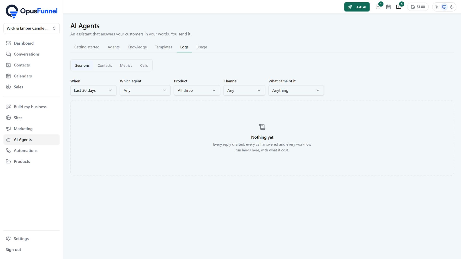 AI Agents › Logs in the app, listing agent sessions and calls