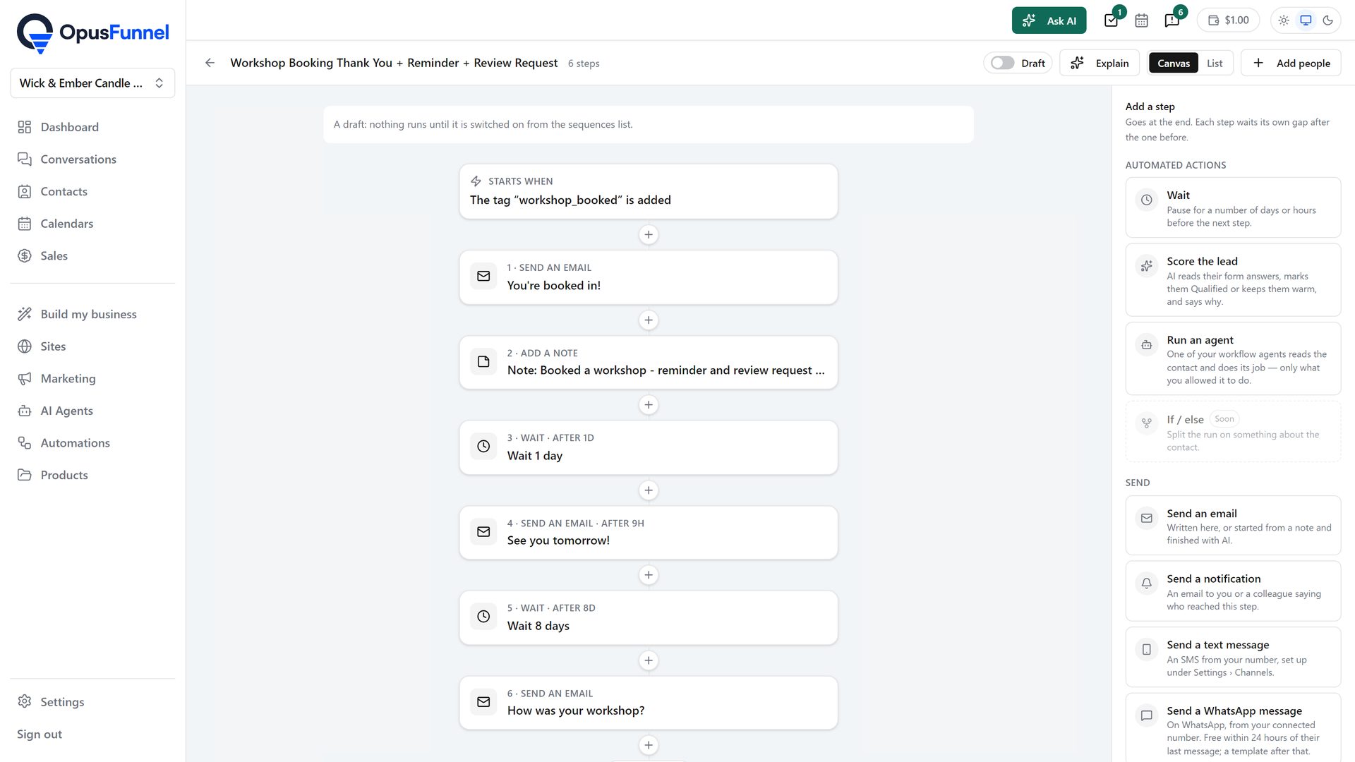 A workflow open on the canvas: trigger, emails, note and waits