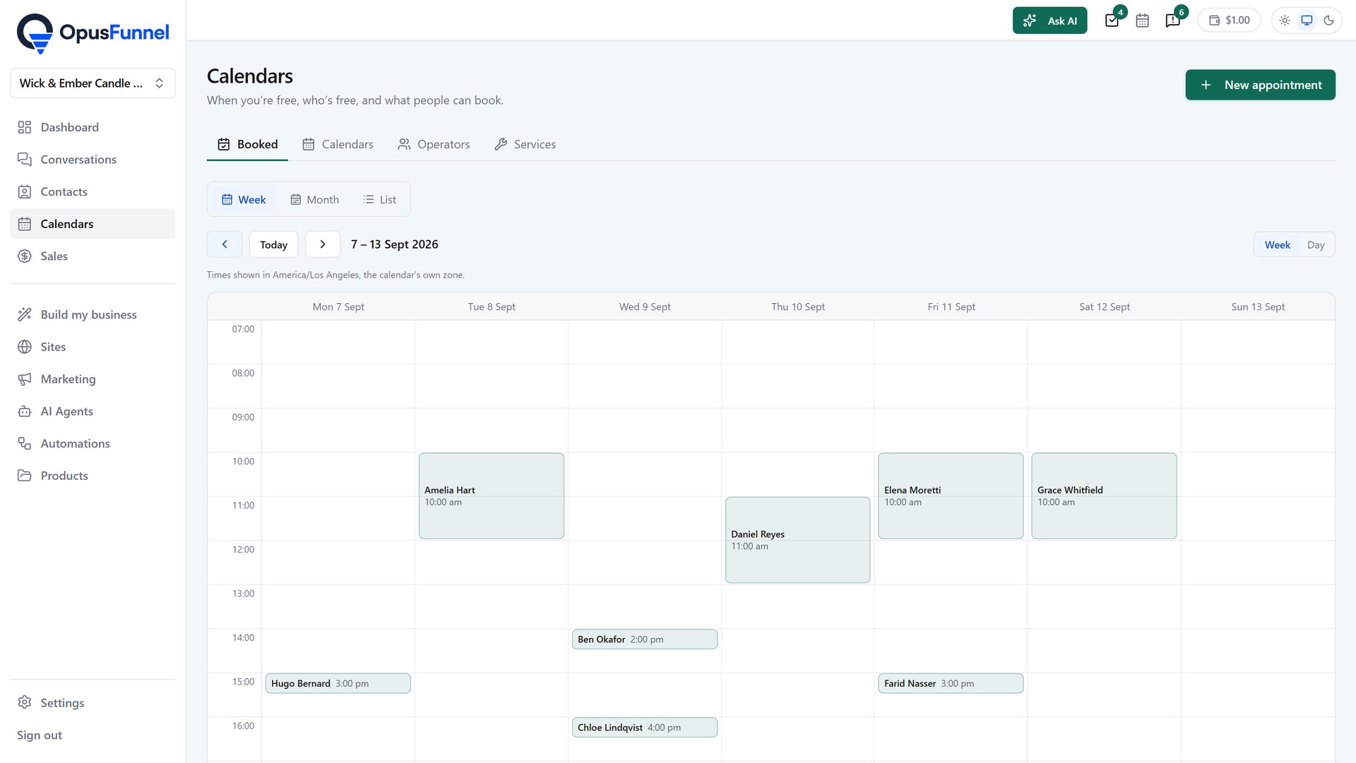 The bookings calendar: a week of workshops and consultations with two operators