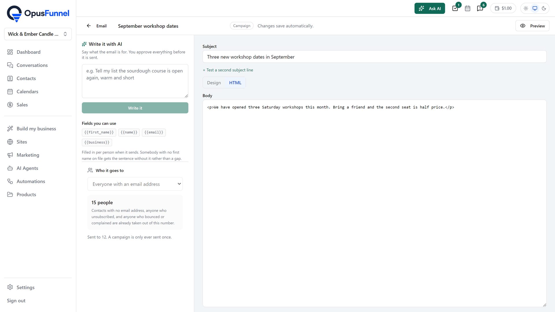 A campaign: subject, a second subject line to test, and who it goes to