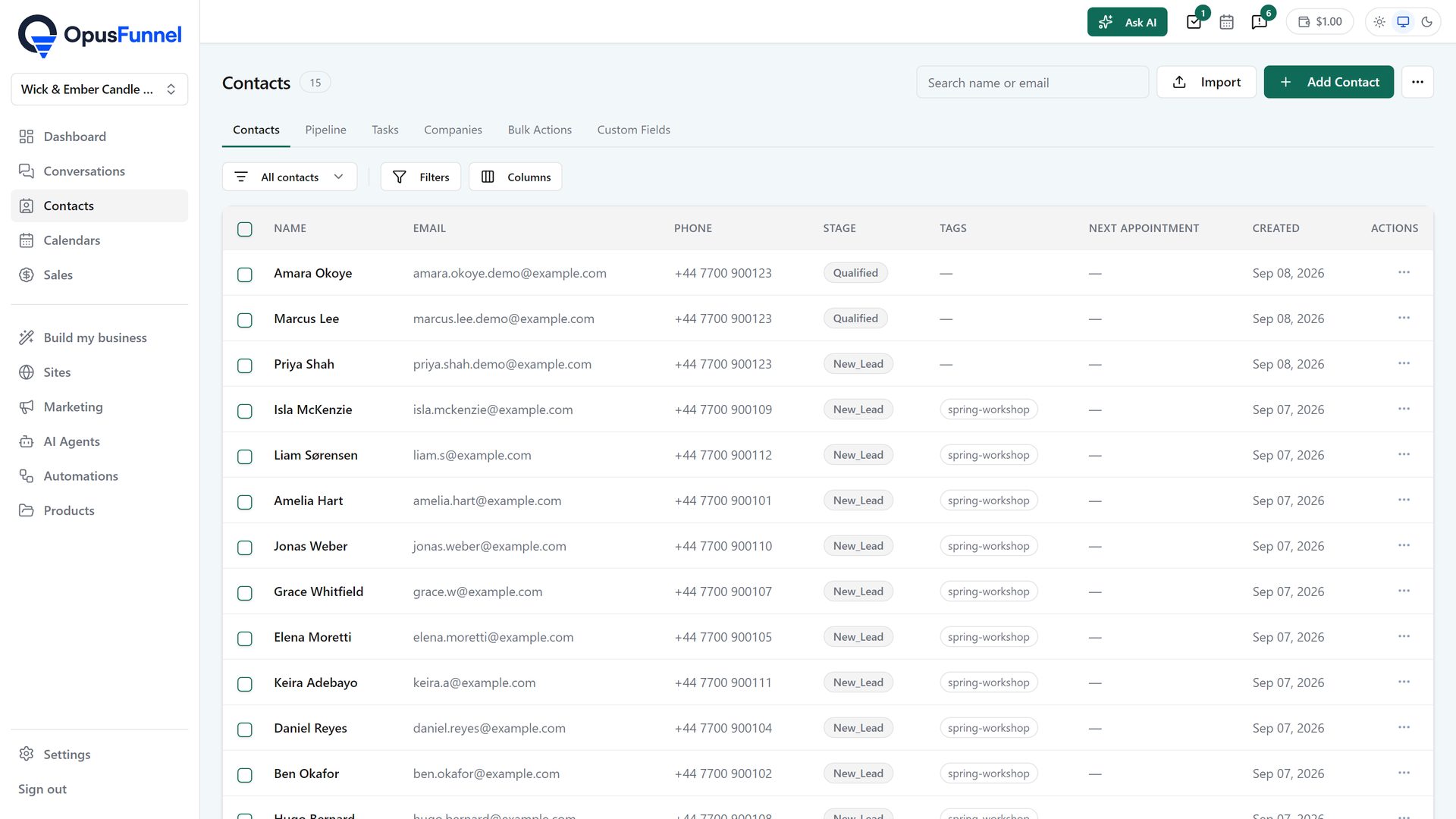 Contacts with tags, stages and a search