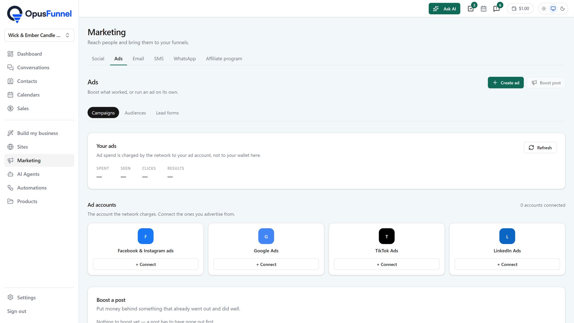 Marketing › Ads › Campaigns: create an ad, boost a post, ad accounts