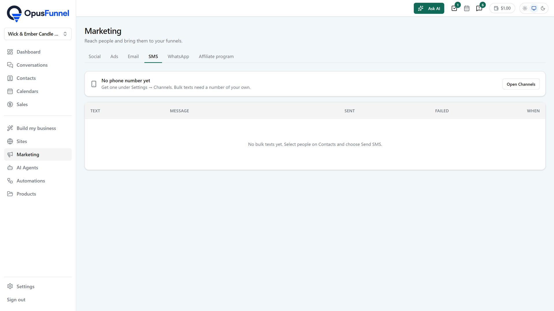 Marketing › SMS in the app, listing text sends