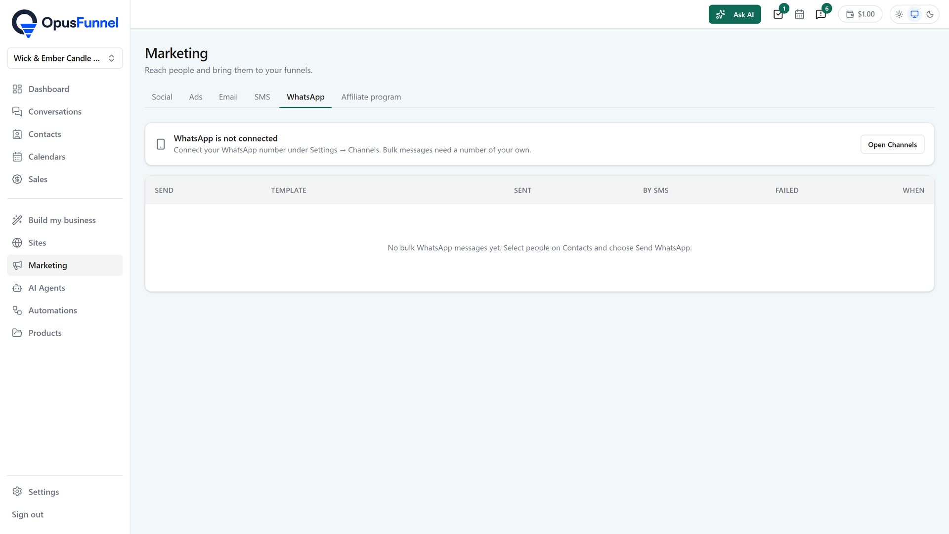 Marketing › WhatsApp in the app, listing WhatsApp sends