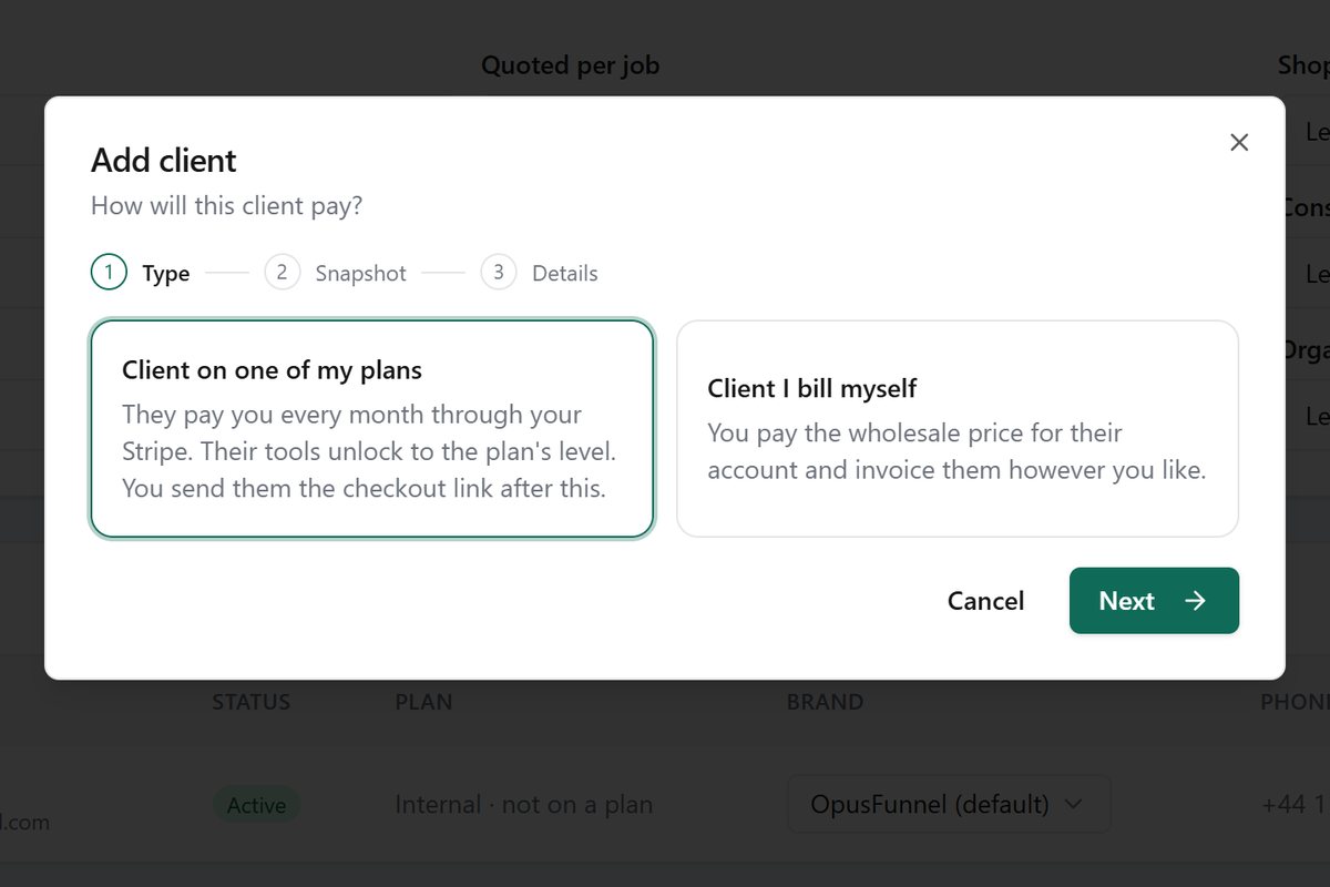 Add client: on one of your plans, or billed by you