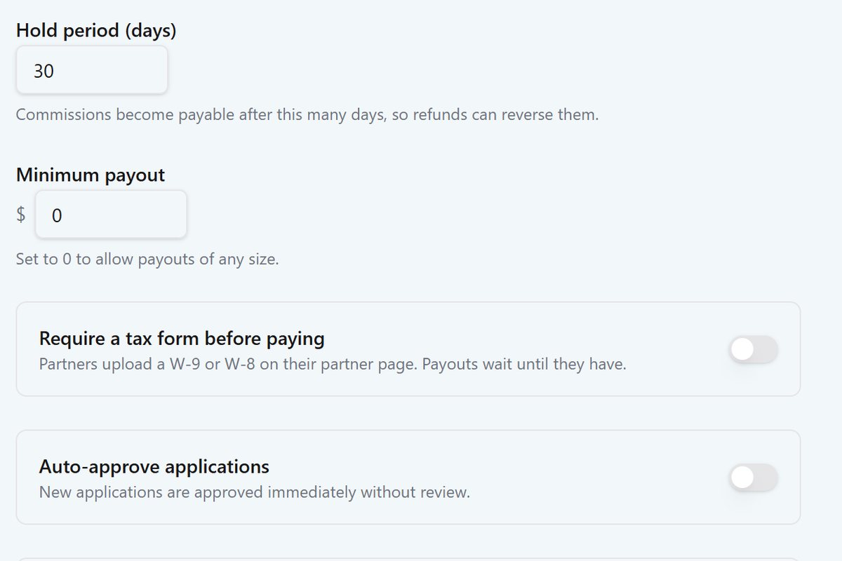 Hold period, minimum payout, a tax form before paying, and auto-approve