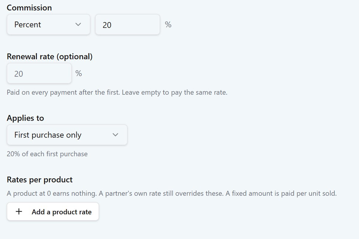 Affiliate program settings: commission, renewal rate, what it applies to, rates per product