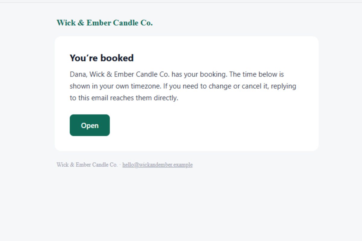 A booking confirmation in the client's own name and colour