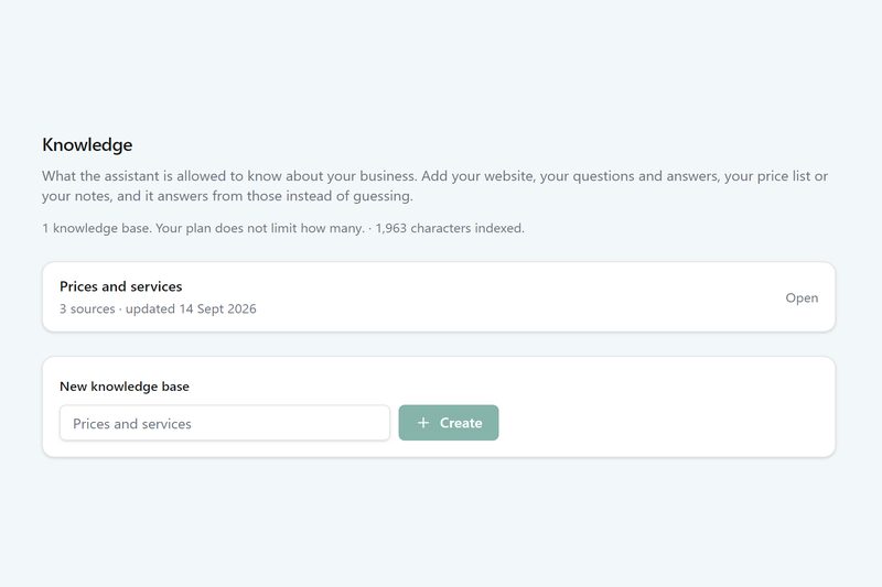 Knowledge: a knowledge base with three sources, the characters indexed, and a box to add another