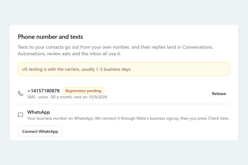 Settings › Texting: the business's own number for calls and texts, with its registration status
