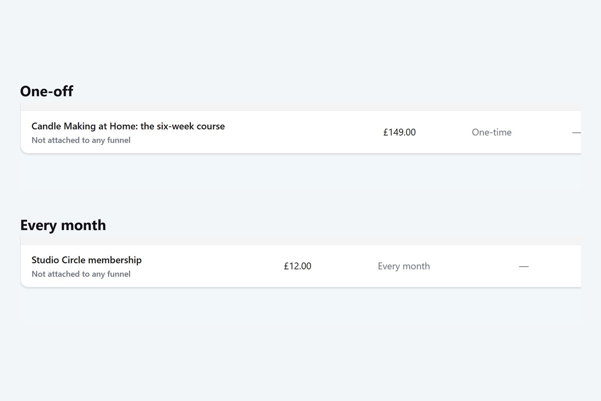 A one-off course at £149 and a membership at £12 every month, side by side in Products