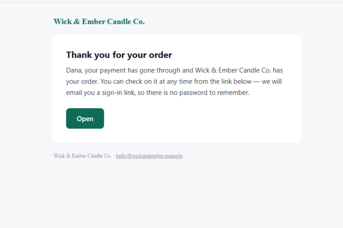 An order confirmation in the client's own name and colour