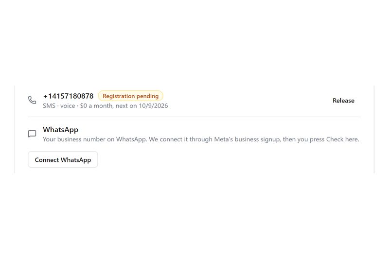 Settings › Texting: the number, and WhatsApp connected through Meta's business signup