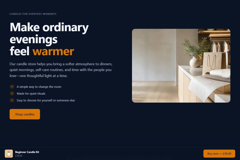 The sales page's buy bar: product, price and a Buy now button that goes to checkout
