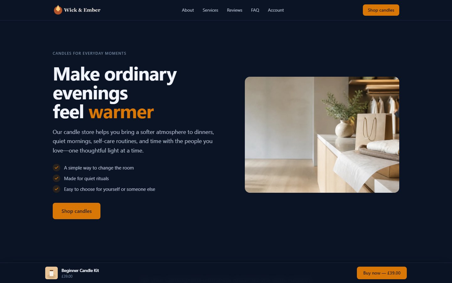 Candle kit sales page, built by the wizard