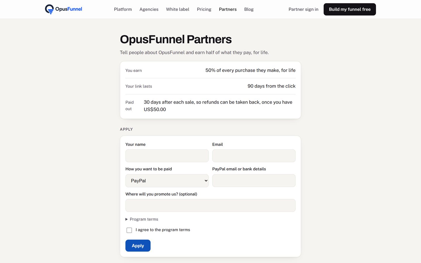 partners.opusfunnel.com: what you earn, how long your link lasts, when you are paid, and the form to apply