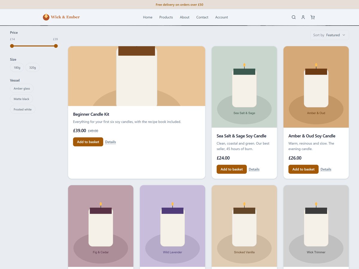The candle studio's shop: filters and the candle shelf