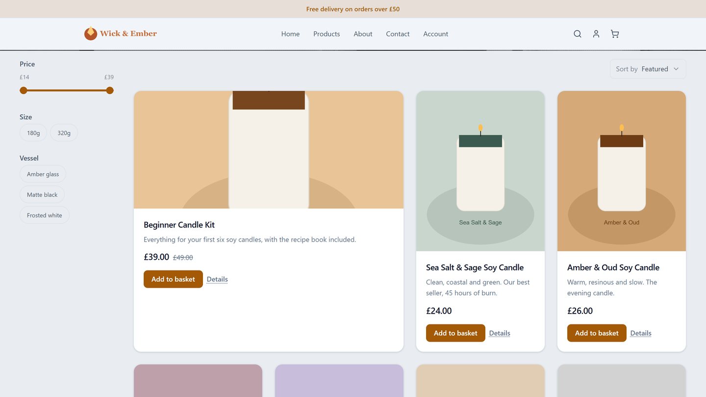 The candle studio's shop: price, size and vessel filters beside the candle shelf