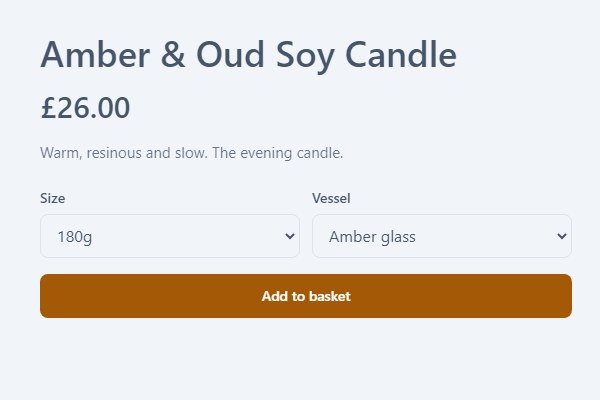 A product page with Size and Vessel pickers above Add to basket